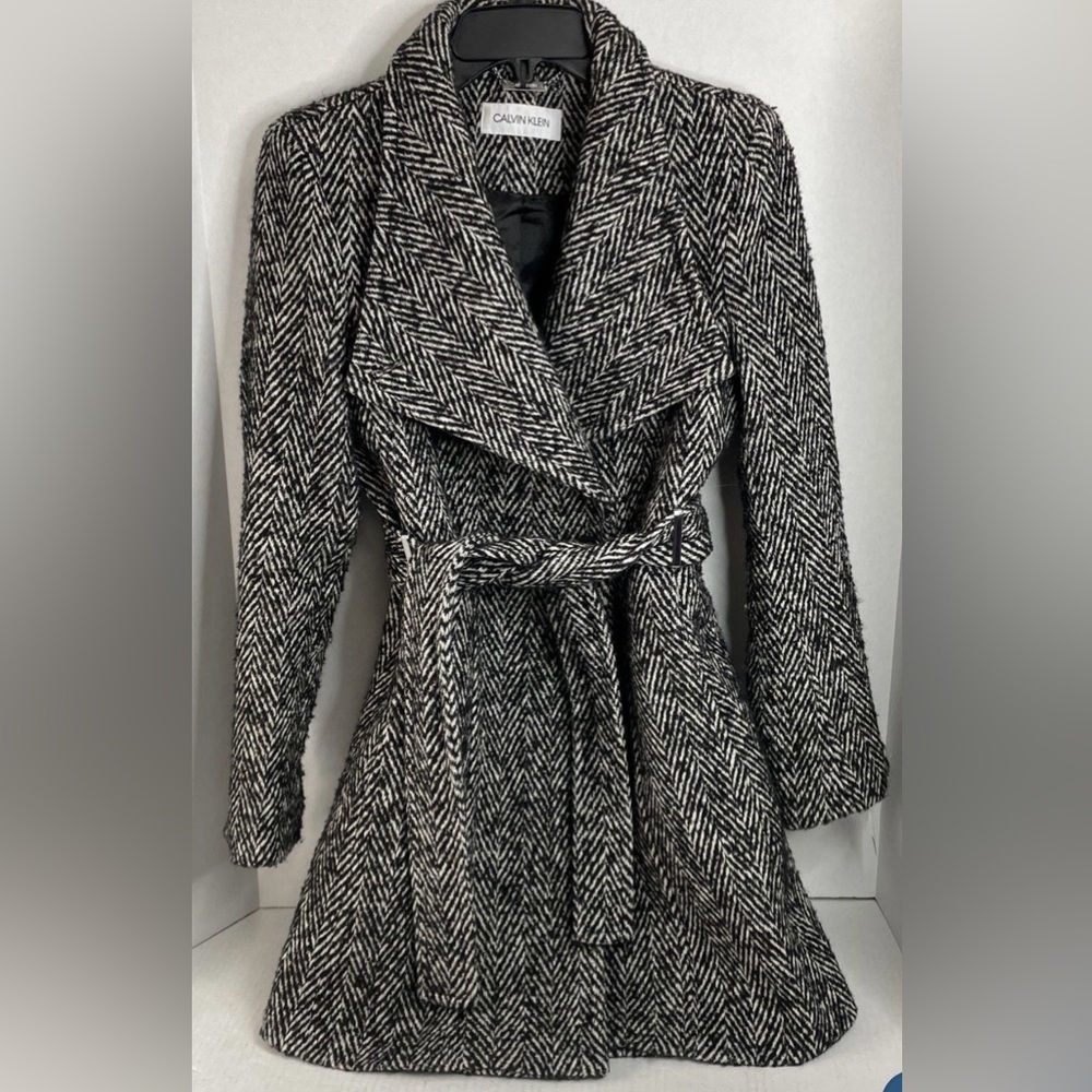 Calvin Klein Black and White Herringbone Coat